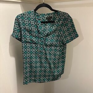 J Crew 100% Silk Green Patterned Short Sleeve Button Down